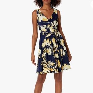 NEW Navy Yellow Floral Stretchy Faux Wrap Dress